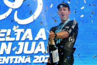 Australian cyclist Sam Welsford celebrates at the podium after winning the 6th stage of the Vuelta a San Juan 2023 in San Juan Argentina on January 28 2023 Photo by Andres Larrovere AFP Photo by ANDRES LARROVEREAFP via Getty Images