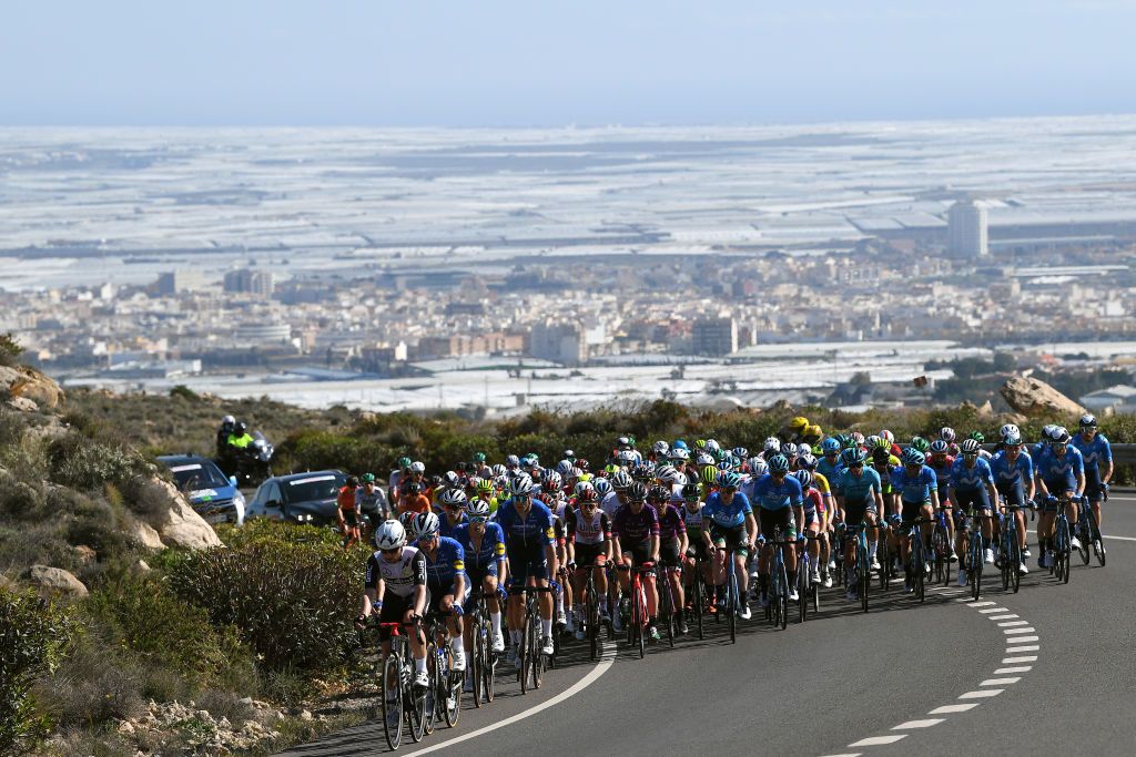 ROQUETAS DE MAR SPAIN FEBRUARY 14 Matteo Pelucchi of Italy and Team Team Qhubeka Assos Stijn Steels of Belgium Jannik Steimle of Germany and Team Deceuninck QuickStep during the 34th Clsica de Almeria 2021 a 1833km race from Pueblo de Vicar to Roquetas de Mar Peloton Landscape ClasicaAlmeria21 on February 14 2021 in Roquetas de Mar Spain Photo by Tim de WaeleGetty Images