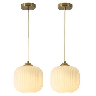 Kco Lighting Mid Century Modern Gold White Pendant Light Antique Brass Milk Glass Pendant Lighting 1-Light Single Globe Pendant Lights Kitchen Island for Dining Room Living Room (2-Pack)