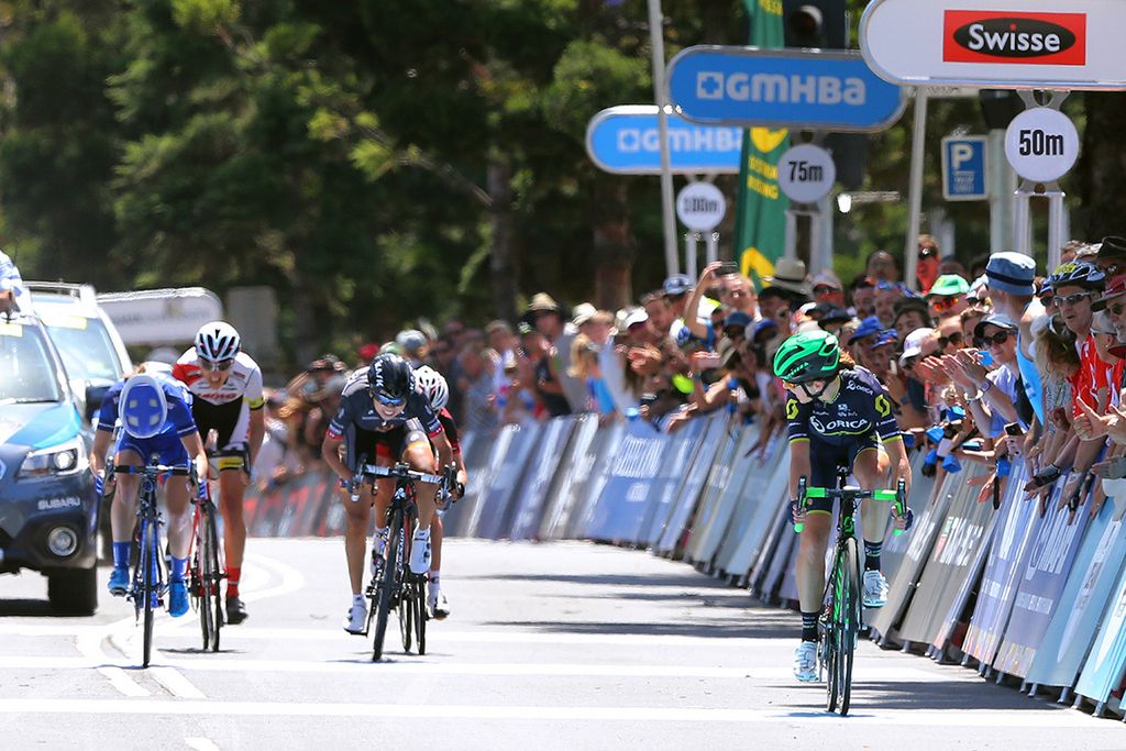 Annemiek van Vleuten (Orica-Scott) looks back before celebrating