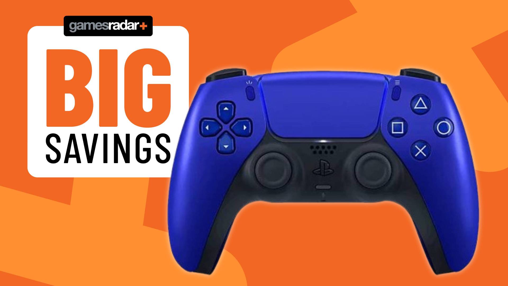 Image of a blue PS5 DualSense controller sitting on an orange GamesRadar+ background.