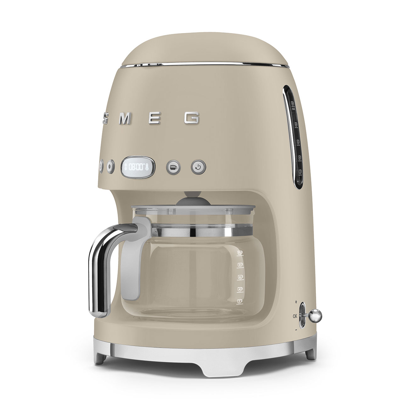 A matte cream colored SMEG coffee maker