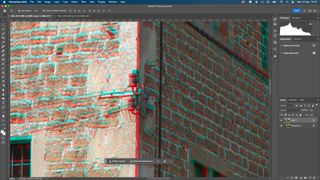 A Photoshop screenshot of a 3D anaglyph of a country home, zoomed in to inspect the focal point