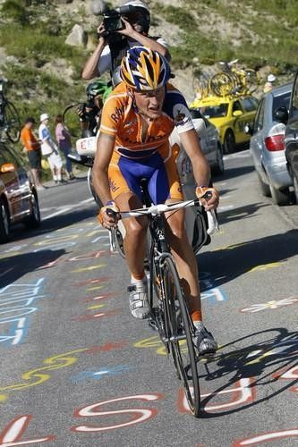 Michael Rasmussen (Rabobank) flying solo on the final ascent to the Tignes ski resort.