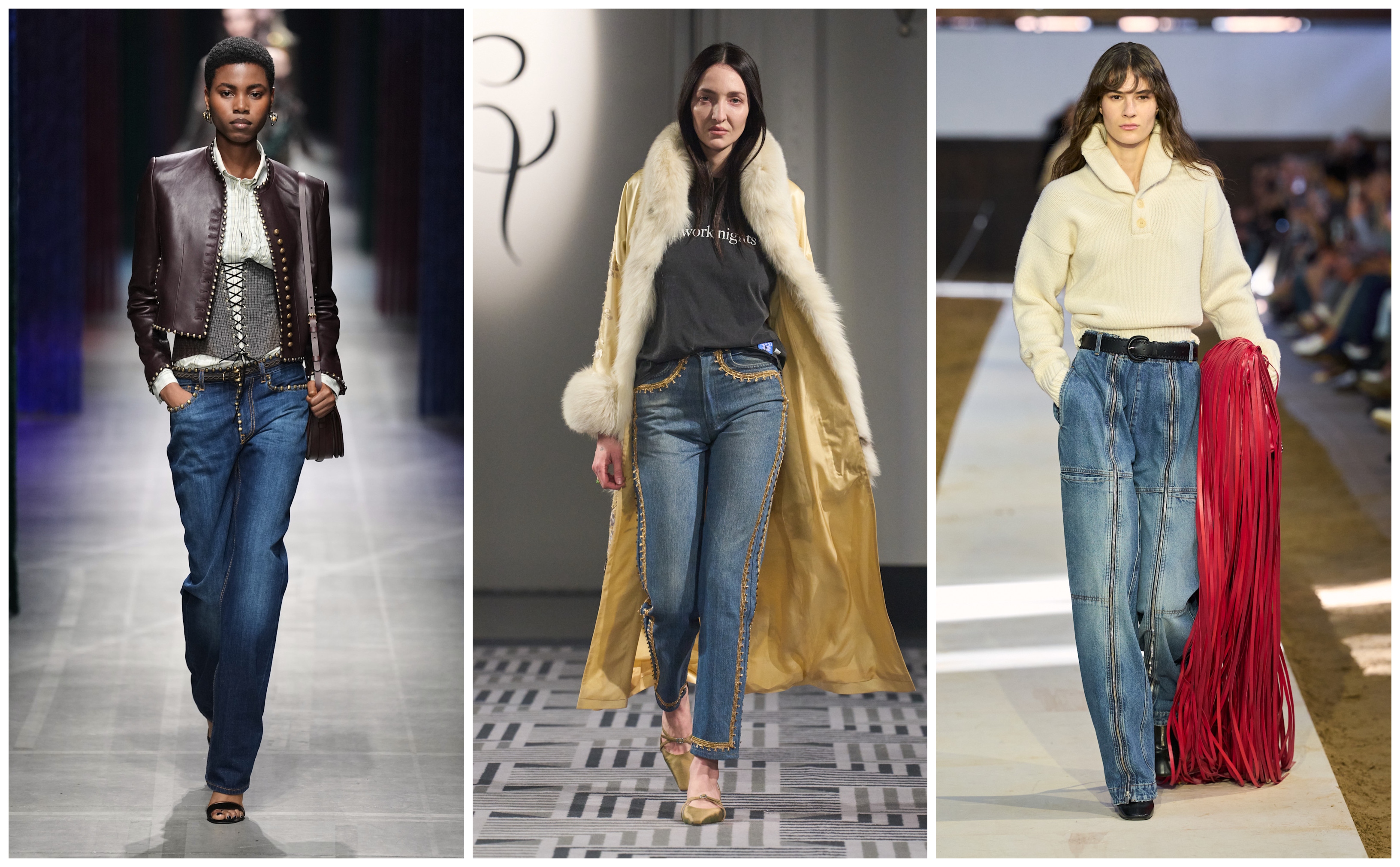 embellished denim on the fall 2026 runways of Etro, Conner Ives, and Stella McCartney.