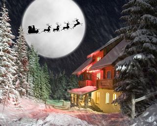 Christmas night. Santa and his reindeers riding against moon 