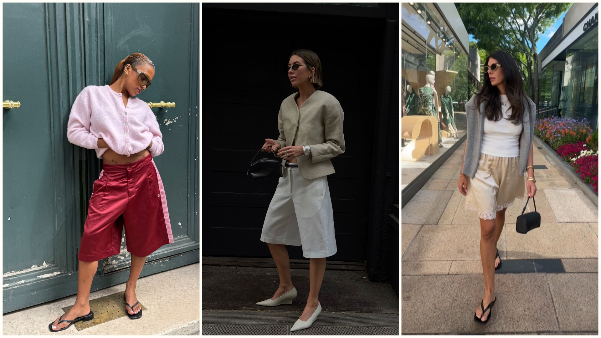 Satin bermuda shorts trend summer 2026. Three fashion people wear the trend discussed within the piece. 