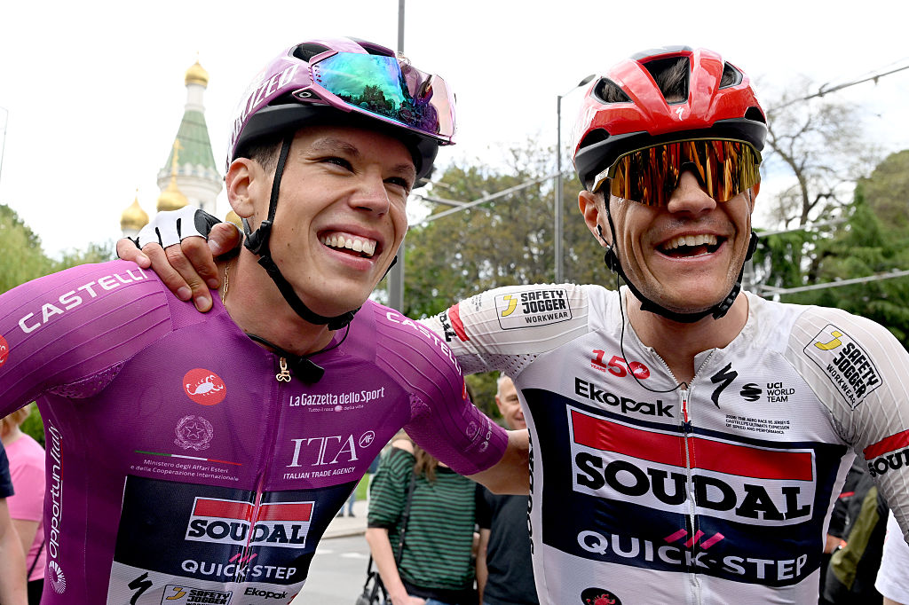 SOFIA, BULGARIA - MAY 10: (L-R) Stage winner Paul Magnier of France and Team Soudal Quick-Step - Purple Points Jersey celebrates with his teammate Jasper Stuyven of Belgium after the 109th Giro d&amp;amp;apos;Italia 2026, Stage 3 a 175km stage from Plovdiv to Sofia / #UCIWT / on May 10, 2026 in Sofia, Bulgaria. (Photo by Dario Belingheri/Getty Images)