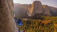 Two rock climbers on portaledges on triple direct, El Capitan, Yosemite Valley