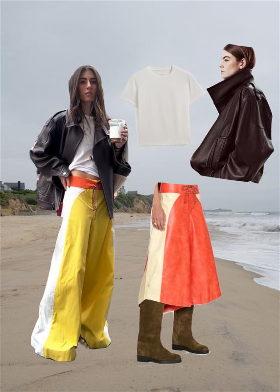 Jessica Habich Thomas on a beach wearing a leather jacket and colorblock skirt