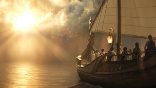 The elves, including Galadriel, sail on a boat towards a light source in The Rings of Power TV show