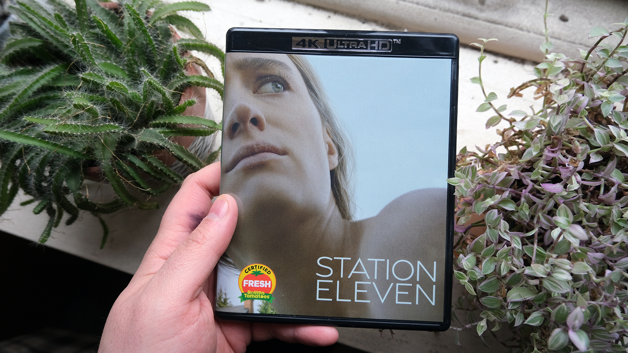 A hand holds a copy of HBO Max Original Station Eleven on 4K Blu-ray above plants.