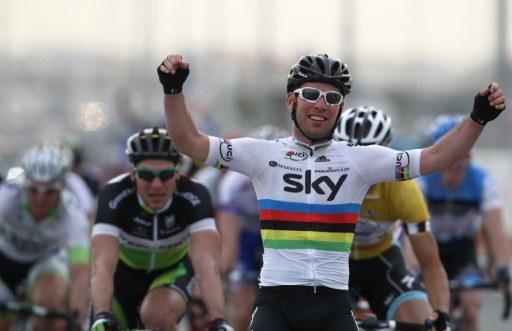 World champion Mark Cavendish (Team Sky) celebrates his first Qatar stage win of 2012