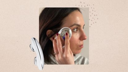 Image of beauty editor Steph using the ZIIP Halo tool, next to a picture of the device, and set against a beige background with polka dot detailing in the corner