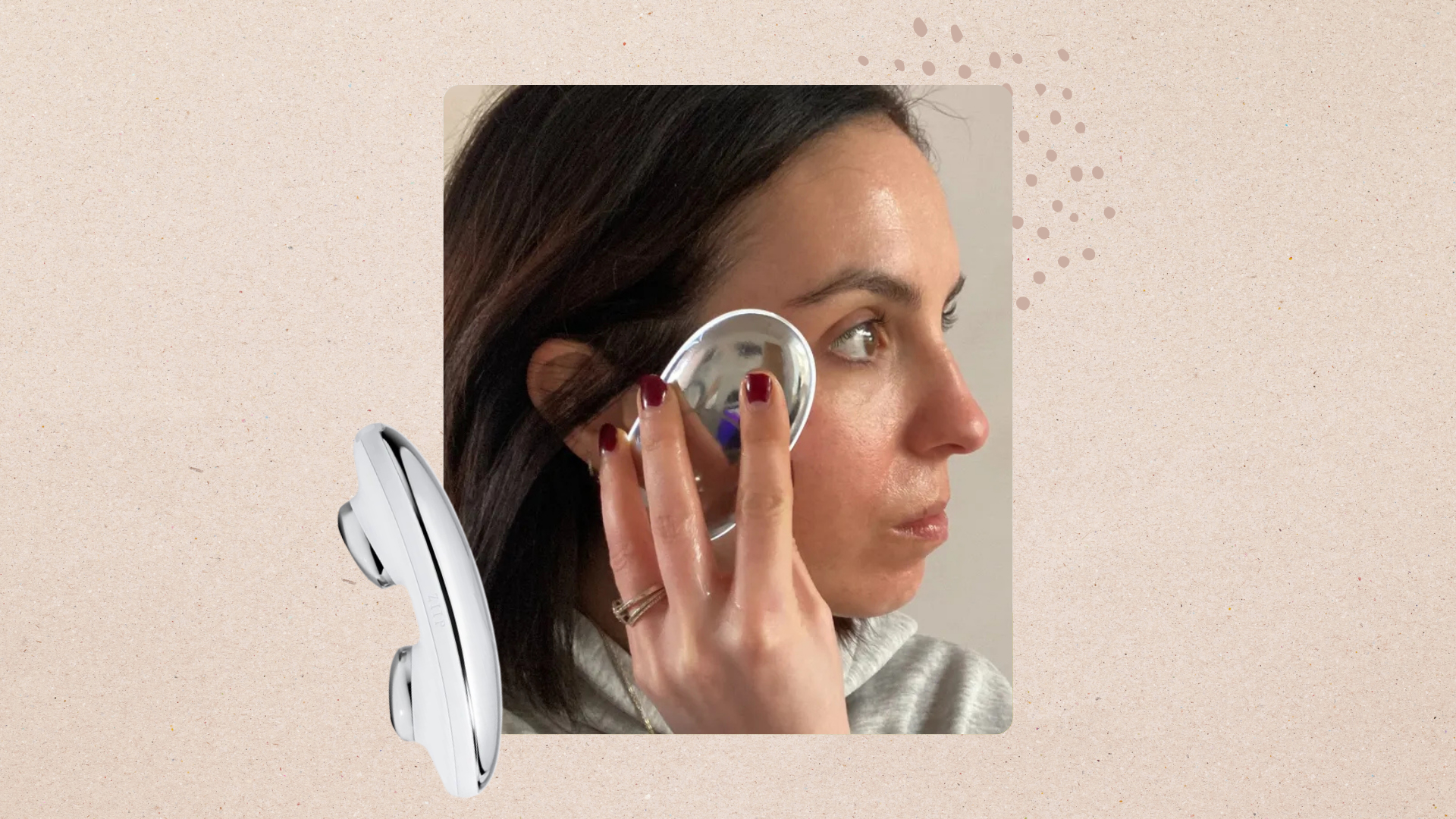 Image of beauty editor Steph using the ZIIP Halo tool, next to a picture of the device, and set against a beige background with polka dot detailing in the corner