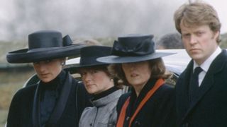 Princess Diana (1961 - 1997) at the funeral of her father, Earl Spencer at Great Brington church, Northamptonshire, March 1992. On her right Diana's sisters Sarah McCorquodale and Jane Fellowes , and her brother Charles, the 9th Earl Spencer.