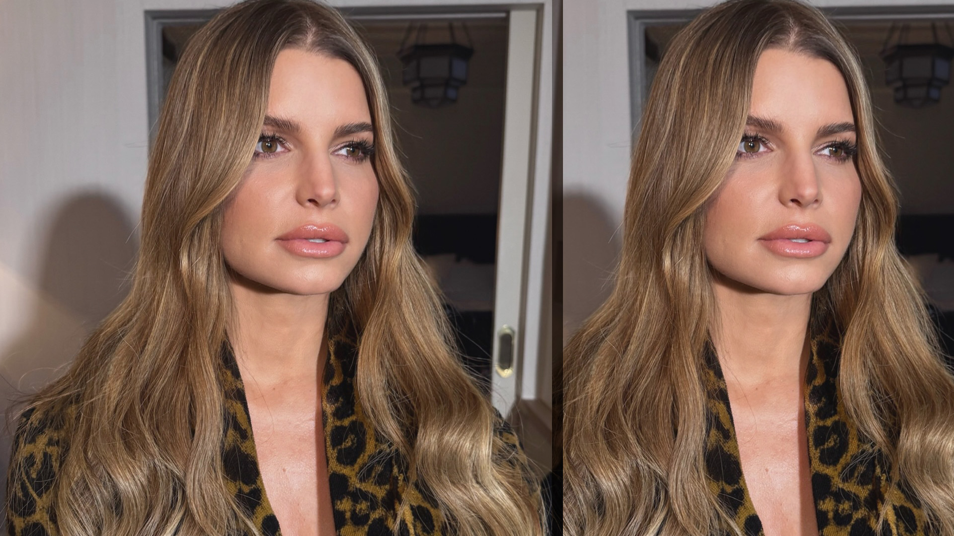 Jessica Simpson taking a selfie wearing a leopard robe.