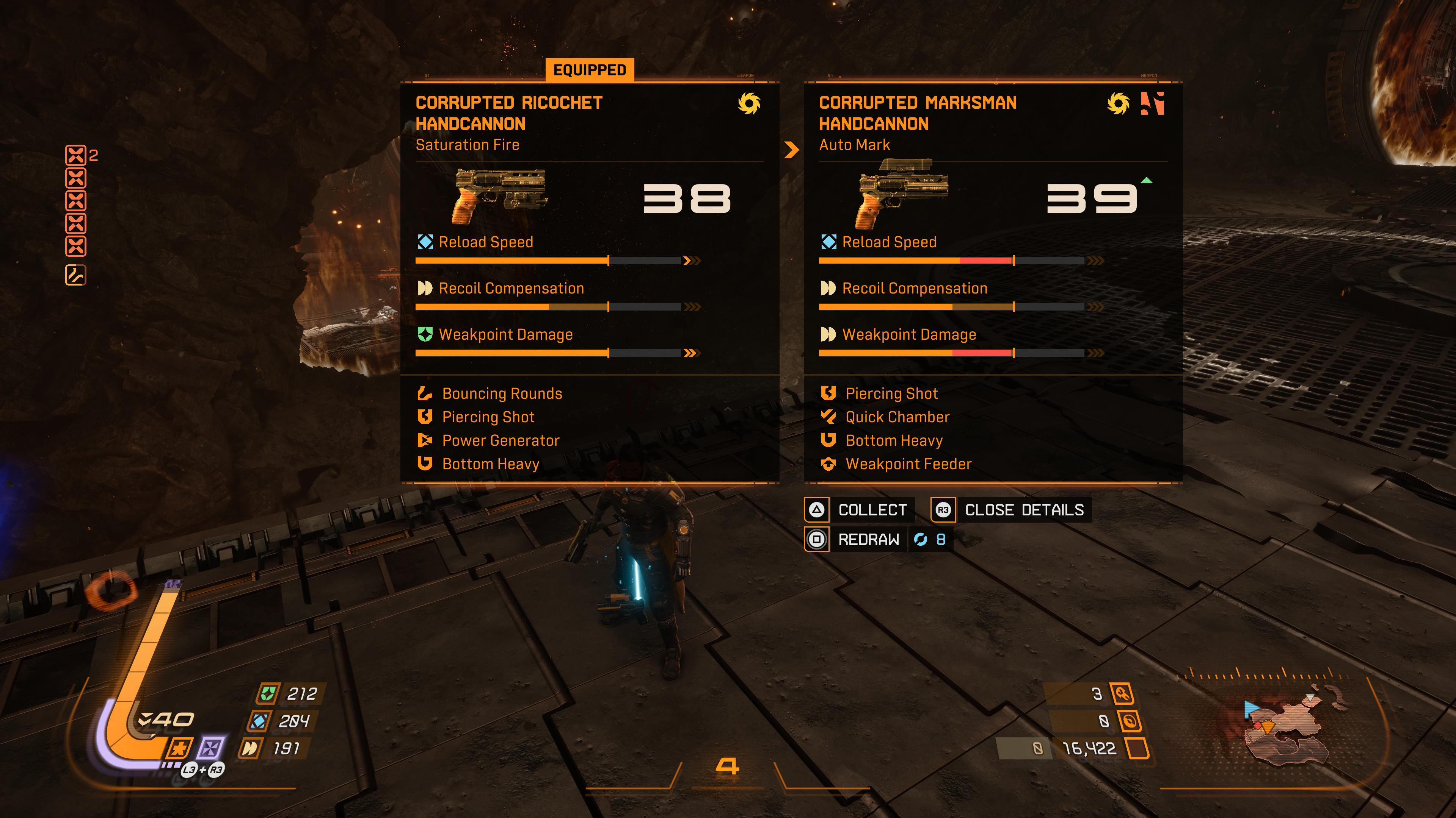 Two weapons are compared in Saros - one with Autohit, one without.