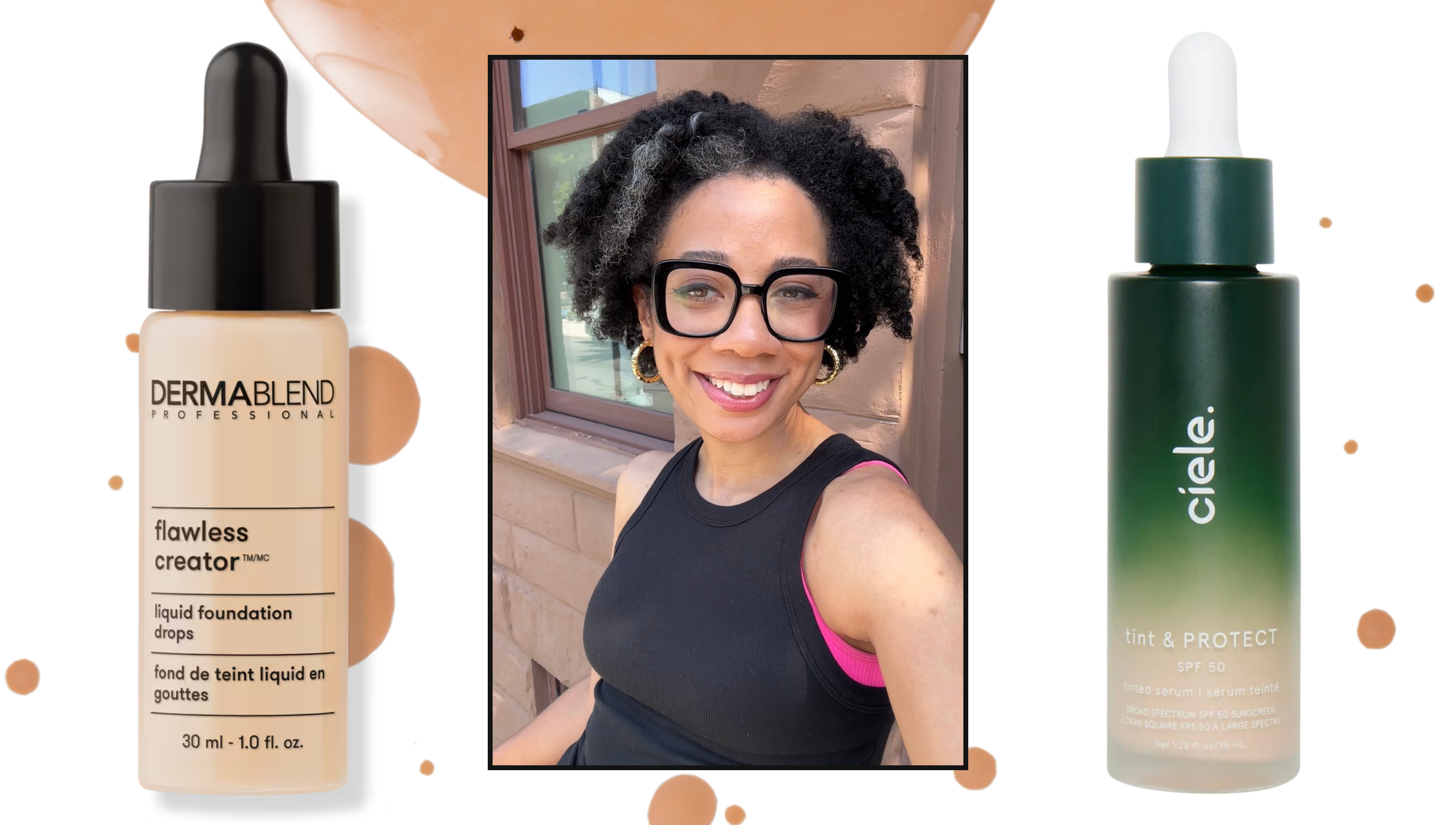 a background of foundation drops with an image of a girl framed with black hair, black glasses, black shirt, and a pink tank top next to two foundation drops