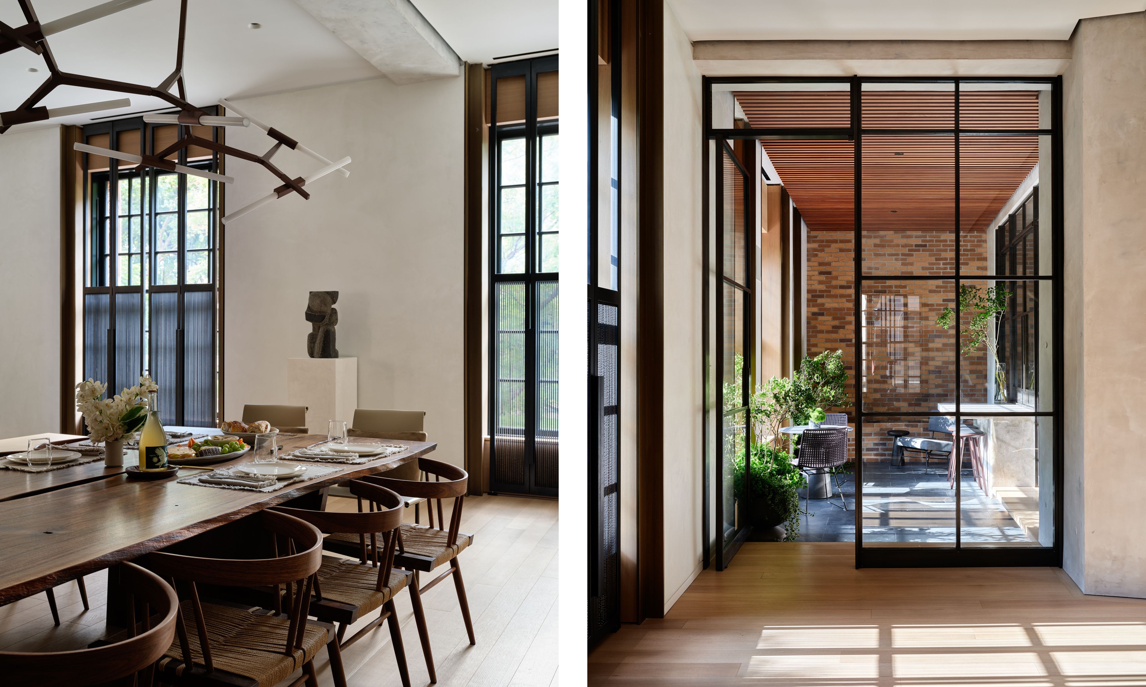 Two images of a dining space and the door onto a patio with black metal frame