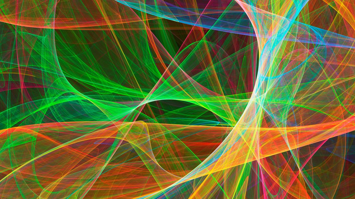 Artist&#039;s illustration of string theory shows numerous colored strings in an abstract configuration.