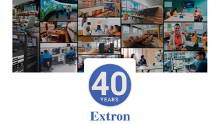 A collage celebrating 40 years of Extron in Pro AV. 
