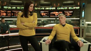 Una and Pike look at each other on Star Trek: Strange New Worlds