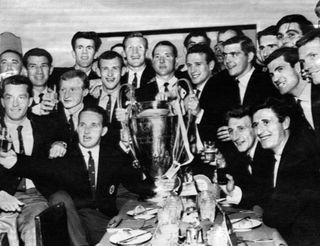 Celtic players celebrate with the European Cup after victory in the final over Inter in the final in Lisbon in May 1967.