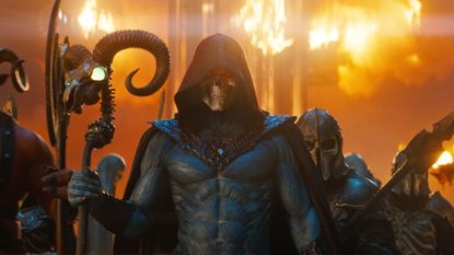 Skeletor holding his Havoc Staff as buildings burn behind him in Amazon's Masters of the Universe movie