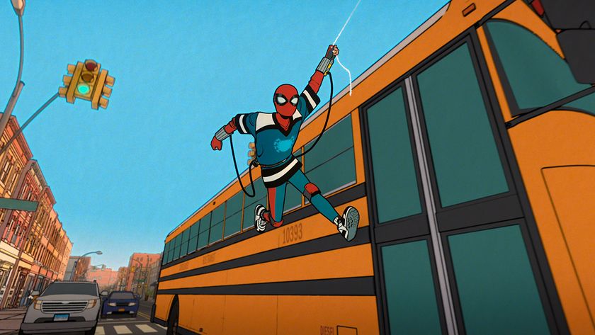 Spider-Man swinging next to a yellow school bus in Your Friendly Neighborhood Spider-Man