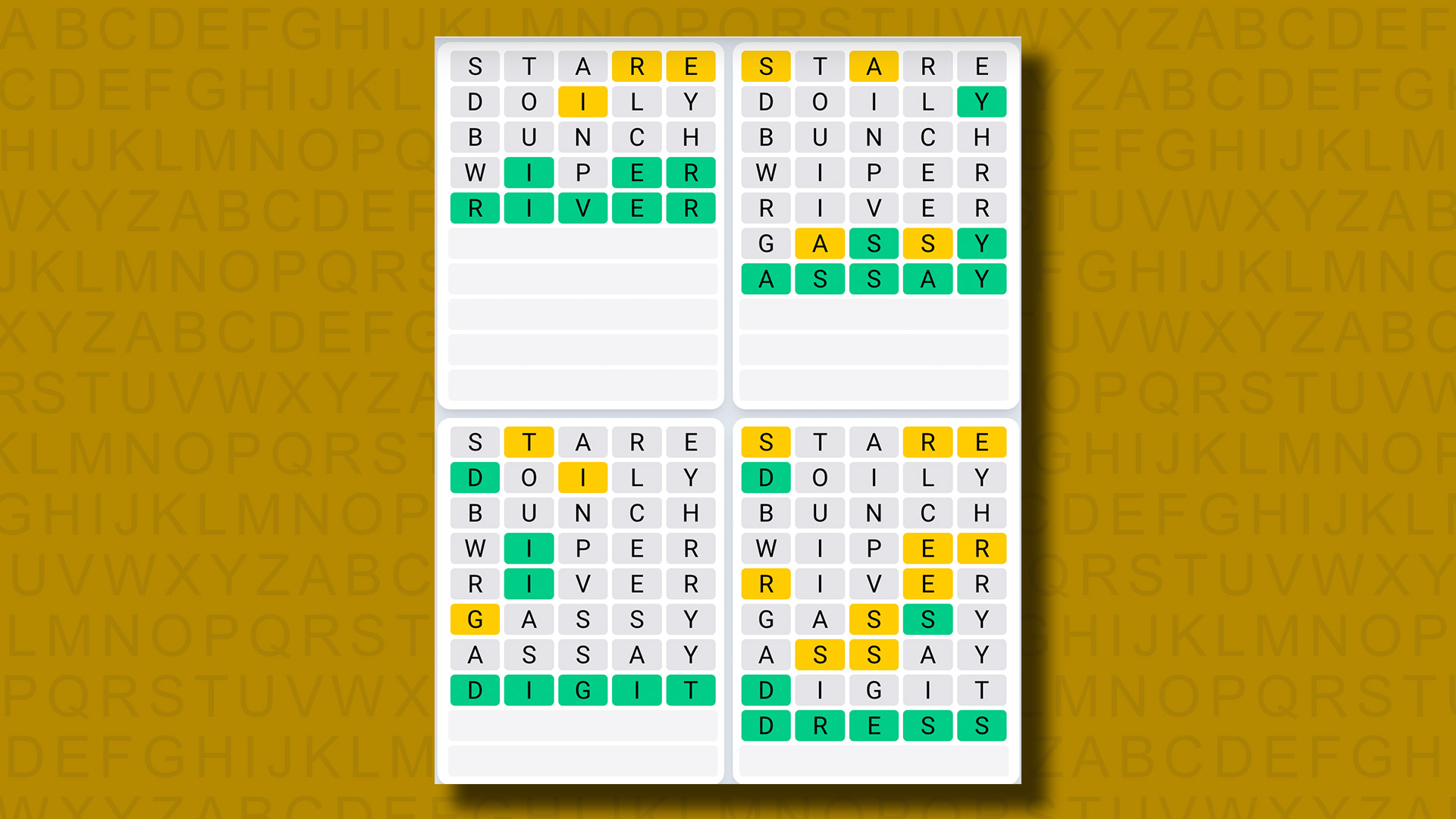 Quordle Each day Sequence answers for sport 985 on a yellow background