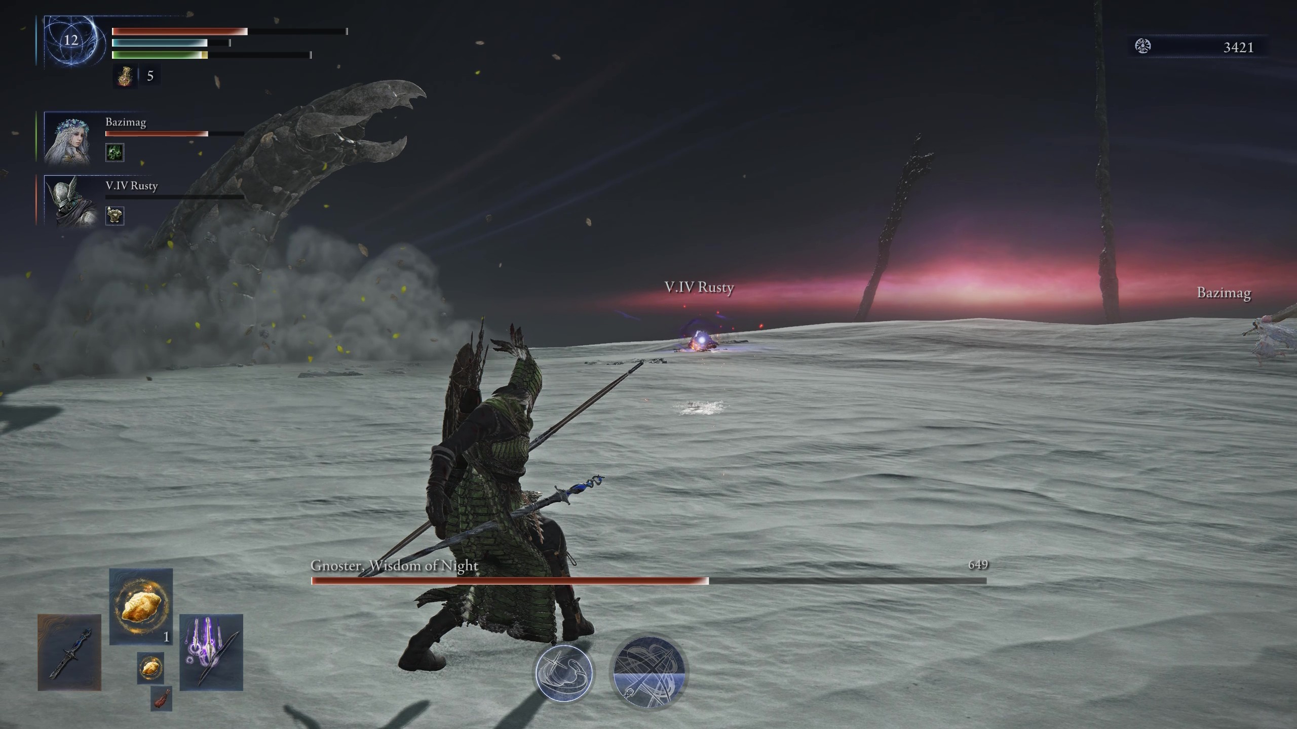 Elden Ring Nightreign Sentient Pest guide: The scorpion Gnoster burrowing into the sand to the left of Ironeye.