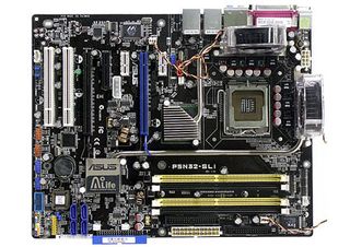 Heart of the system is an Asus P5N32 SLI Deluxe motherboard with a Sanyo-Denke water cooling system.