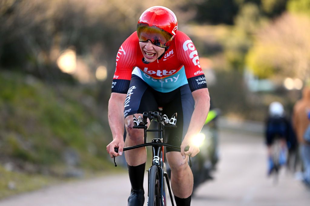 ALES FRANCE FEBRUARY 05 Arnaud De Lie of Belgium and Team Lotto Dstny sprints during the 53rd Etoile de Besseges Tour Du Gard 2023 Stage 5 a 1066km individual time trial stage from Ales to Ales EDB2021 on February 05 2023 in Ales France Photo by Luc ClaessenGetty Images