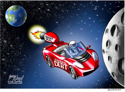 Political cartoon U.S. Budget deal debt SpaceX Tesla Falcon Heavy