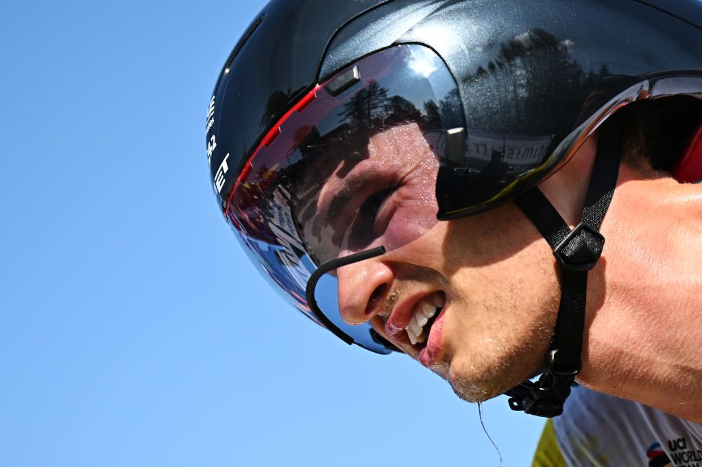MONTE LUSSARI ITALY MAY 27 Jay Vine of Australia and UAE Team Emirates crosses the finish line during the 106th Giro dItalia 2023 Stage 20 a 186km individual climbing time trial stage from Tarvisio 750m to Monte Lussari 1744m UCIWT on May 27 2023 in Monte Lussari Italy Photo by Stuart FranklinGetty Images