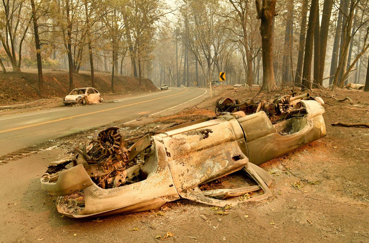 A burnt car in California