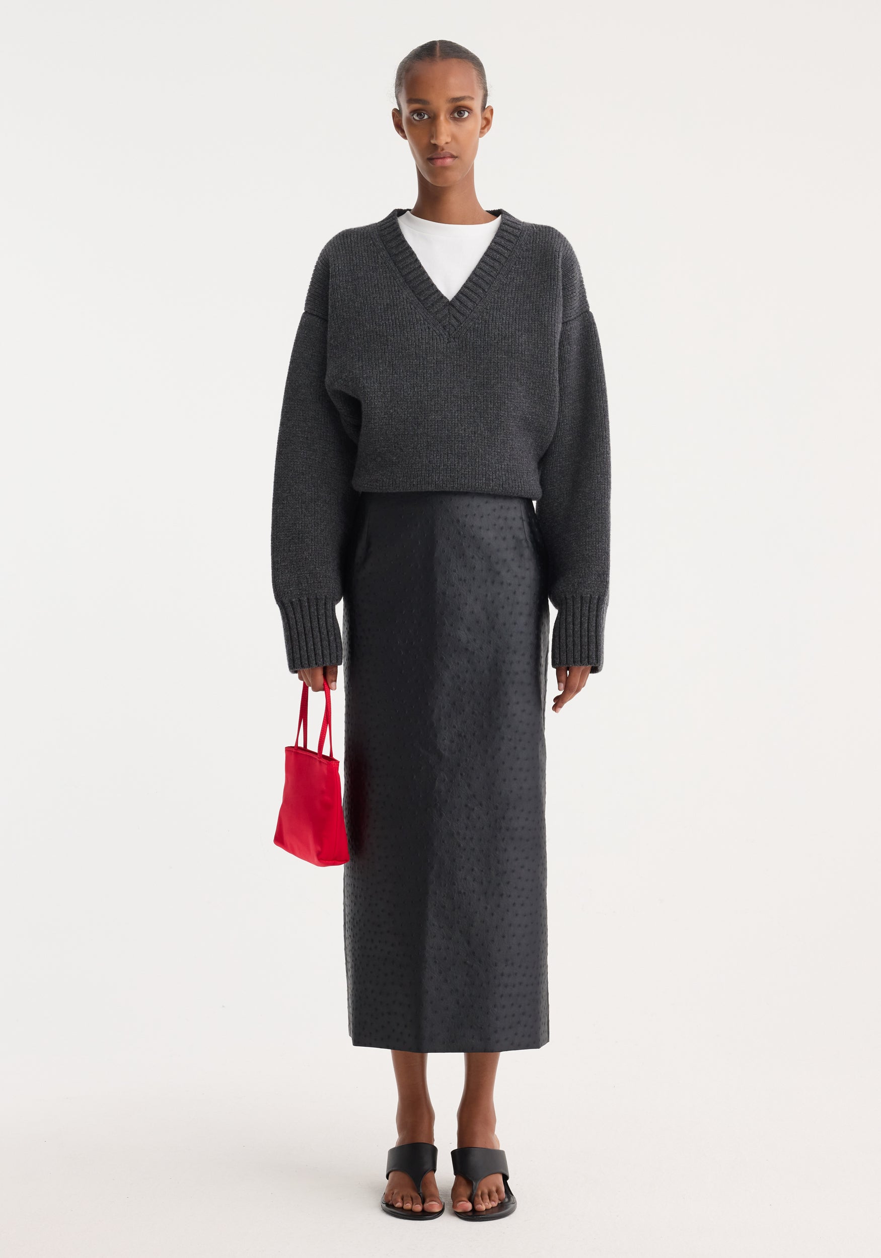 Ostrich Satin Column Skirt | Black