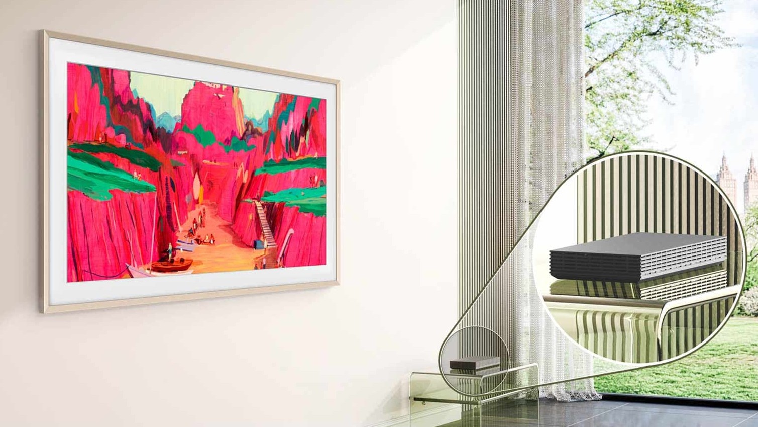 Samsung The Frame Pro on a wall with a focus on the pop-up box