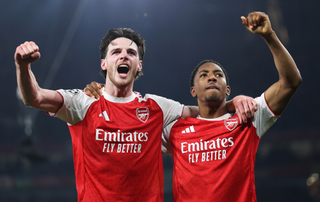 Declan Rice and Myles Lewis-Skelly of Arsenal celebrate progressing to the final of the UEFA Champions League 2025/26