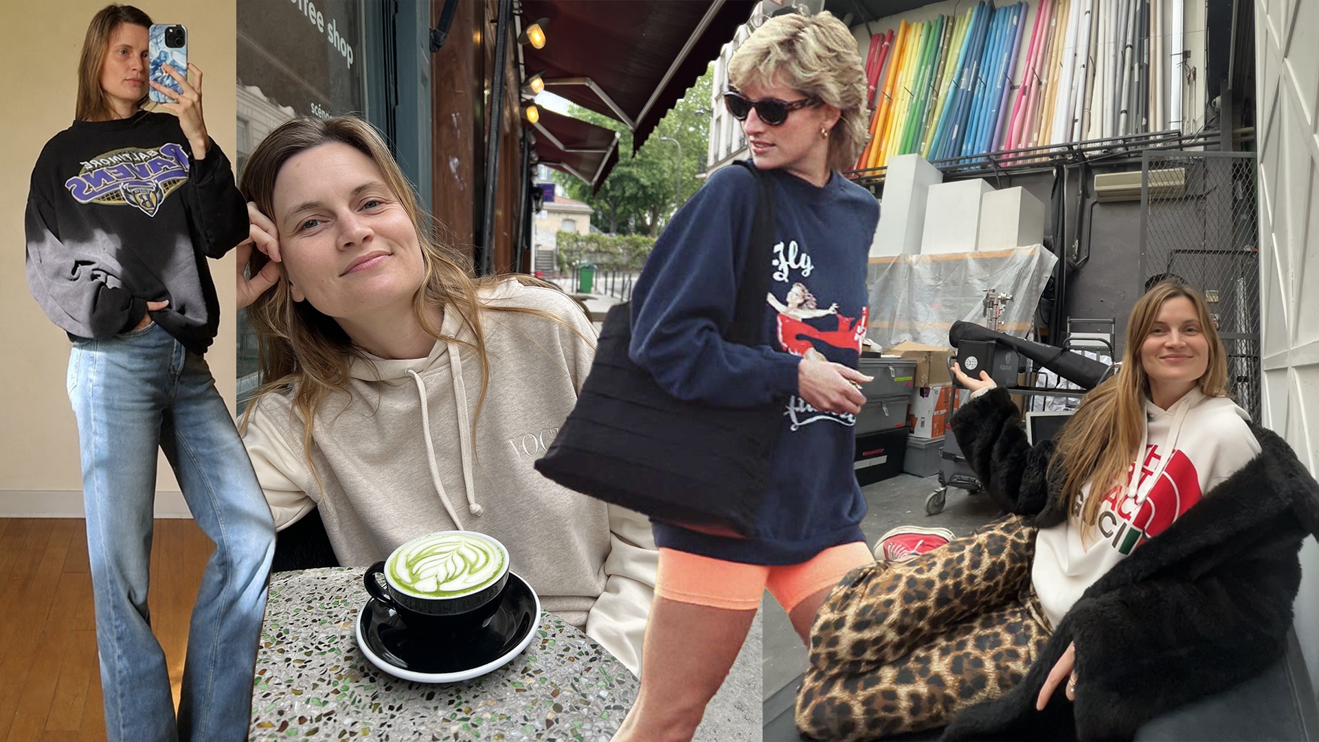 Fashion collage of Eugenie Trochu and Princess Diana wearing chic logo sweatshirts.