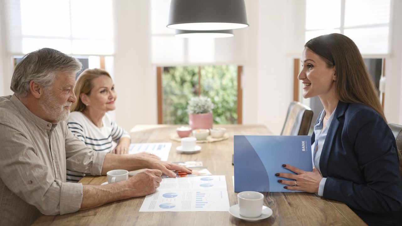 A financial adviser talks with an older couple at their dining room table.