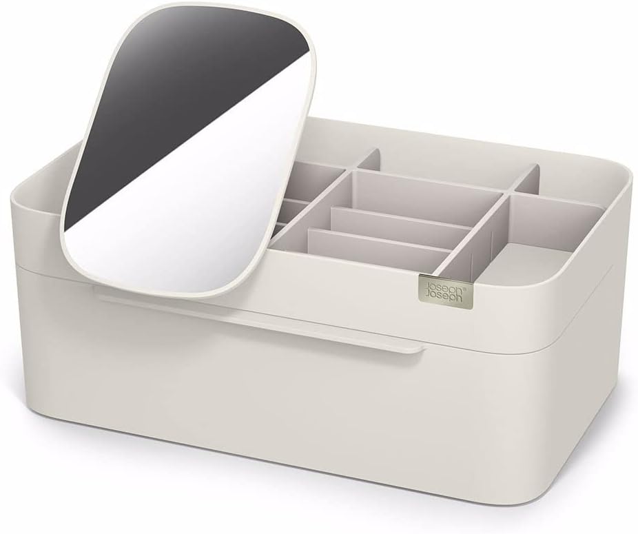 Joseph Joseph 75005 Viva Makeup Cosmetic Storage Organizer With Drawer, Large With Mirror, Shell, Cream