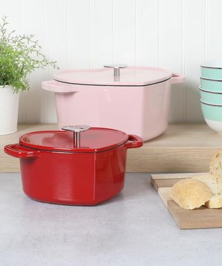 red and pink heart shaped dutch ovens by Martha Stewart lifestyle image