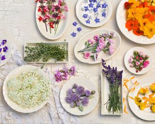 prepared edible flowers on table