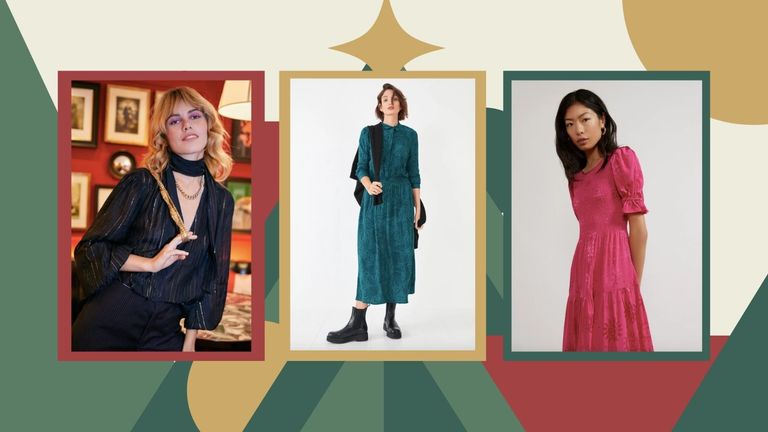 Three examples of what to wear on Christmas Day on a festive patterned background