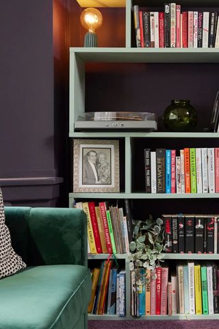 Sara Cox's book nook with Dulux purple and green