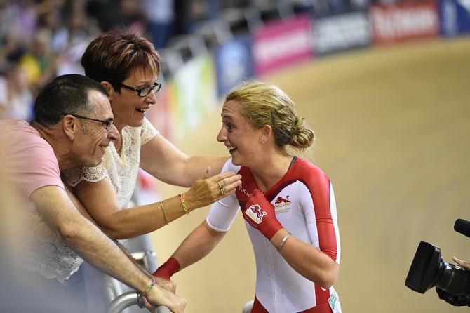 Laura Trott celebrates her win in the points race
