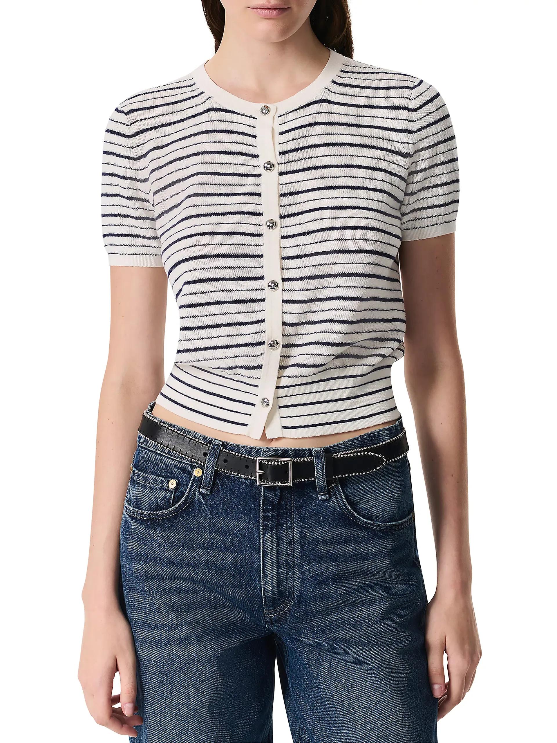 Dina Striped Stretch-Cotton Short-Sleeve Cardigan