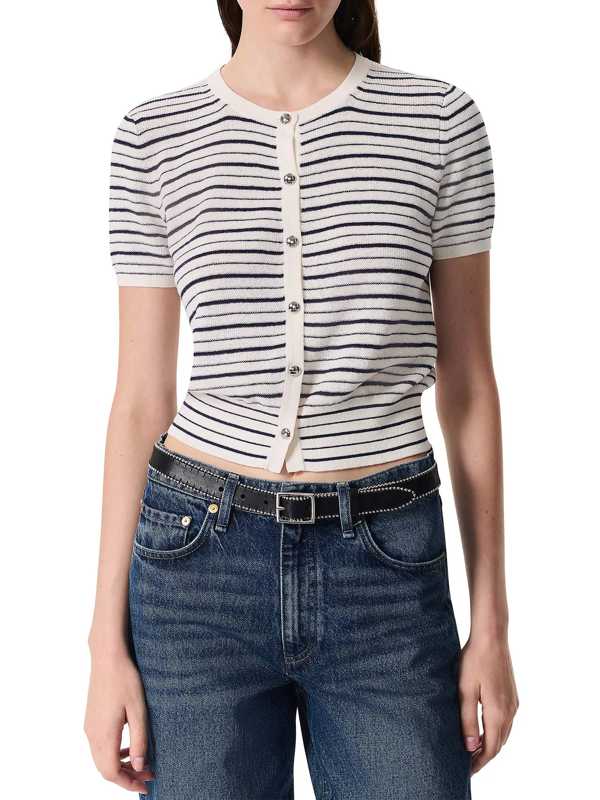 Dina Striped Stretch-Cotton Short-Sleeve Cardigan